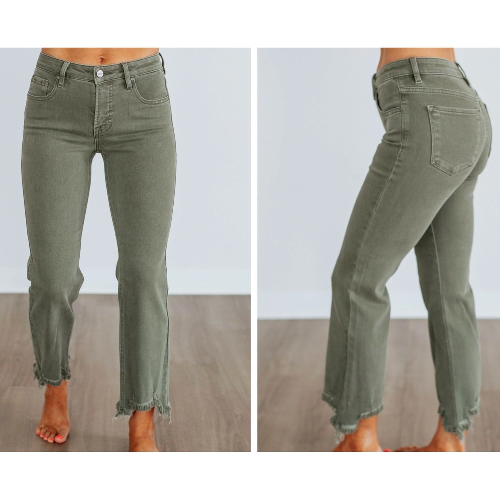 Wild Oak Boutique Risen Jeans Sage Green High Rise Raw Hem Straight Leg 13/31